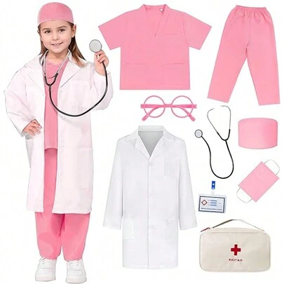 9件套儿童医生角色扮演服装套装，包括女孩手术服、白大褂、听诊器，适合万圣节、狂欢节、医生装扮游戏等场合。