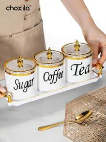 choxila 4pcs Coffee Canister Set, Multi-Purpose Storage Jars For Coffee, Tea, Sugar, Decorative Cream & Sugar Sets With Lids, Kitchen Jars Coffee Sealed With Tray