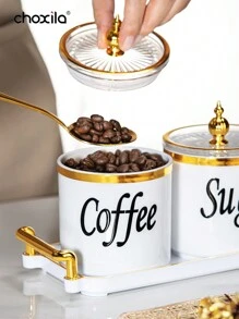 choxila 4pcs Coffee Canister Set, Multi-Purpose Storage Jars For Coffee, Tea, Sugar, Decorative Cream & Sugar Sets With Lids, Kitchen Jars Coffee Sealed With Tray