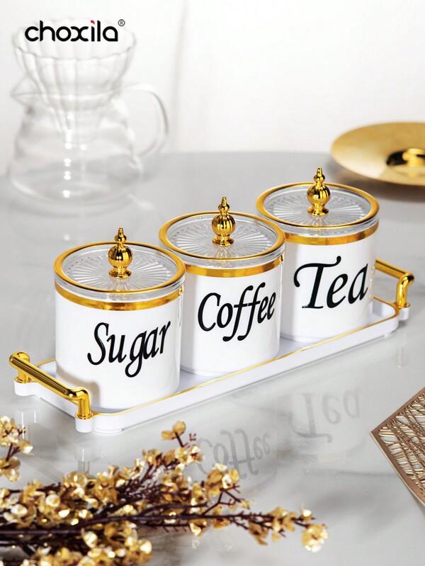 choxila 4pcs Coffee Canister Set, Multi-Purpose Storage Jars For Coffee, Tea, Sugar, Decorative Cream & Sugar Sets With Lids, Kitchen Jars Coffee Sealed With Tray
