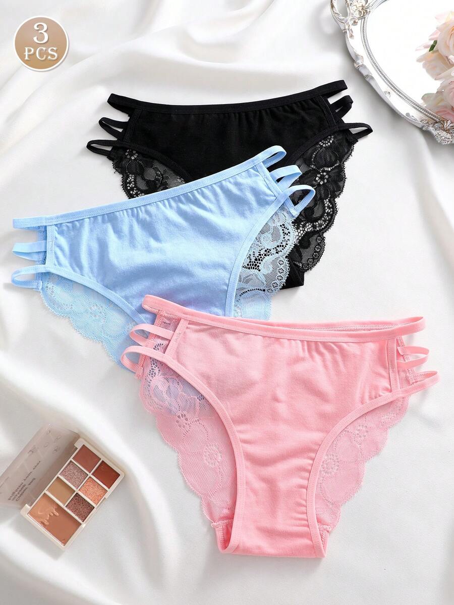 3 piezas Bragas triangulares sexis de encaje y parches transpirables para mujeres - Multicolor - Ver 1