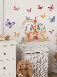 1 件 11.81*35.4 英寸蝴蝶与卡通城堡墙贴，可移除墙贴适用于卧室、客厅、房间装饰、家居装饰、墙壁装饰、浴室装饰、卧室装饰、房间装饰用品、客厅装饰、房屋装饰、家居装饰、客厅墙纸贴纸、个性化贴纸 - 藕粉色 - 查看 4