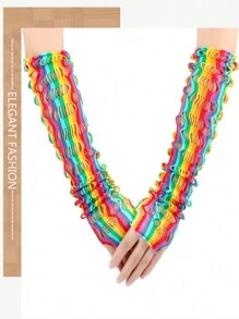 1 Pair Rainbow Hollow Elastic Mesh Sexy Long Arm Warmers For Women, Party Accessory
