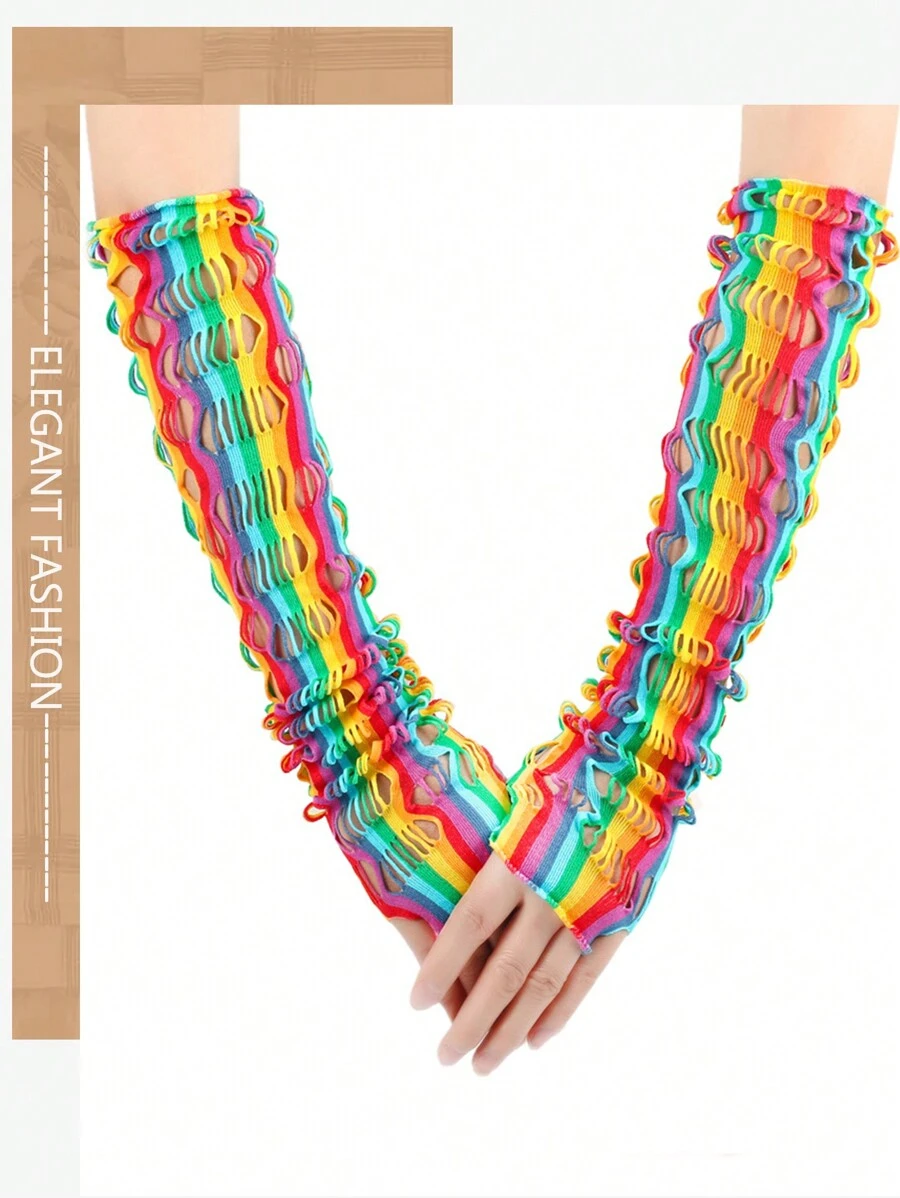 1 Pair Rainbow Hollow Elastic Mesh Sexy Long Arm Warmers For Women, Party Accessory