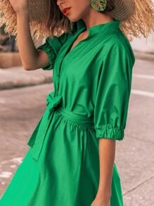 女士夏季薄款纯色休闲 V 领弹力连体裤袖口松紧带优雅度假长裙 - 綠色 - 查看 4