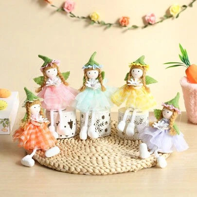 1pc 16cm Spring Flower Fairy Angel Hanging Decoration With Green Flower Hat And Pink Yellow Purple Tulle Skirt Easter Fairy Hanging Ornament Statue For Home Spring Birthday Easter Party Decor