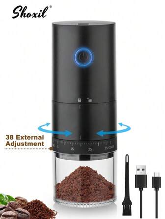 shoxil 1pc verbeterde draagbare elektrische braamkoffiemaler, oplaadbare koffiebonenmolen met 38 nauwkeurige maalinstellingen, externe aanpassing met borstel, zwart, voor thuis, op reis, op kantoor