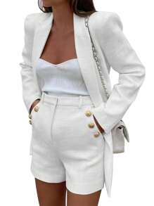 Women's Long Sleeve Tweed 2 Piece Blazer Shorts Double Breasted Business Suit Sets - 白色 - 查看 4