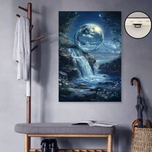 Framed Moonlight Waterfall Canvas Print,  Magical Nature Scene With Crystal Ball,  Fantasy Landscape With Ocean And Flowers, Home Decor