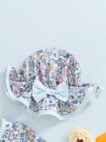 Traje de baño de manga larga con estampado floral para niña pequeña, con lazo y sombrero para el sol, ropa de verano - Azul - Ver 6