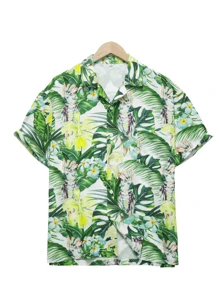 Men's Vacation Casual Printed Shirt, Breathable Short Sleeve Button-Down Shirt, Lightweight & Breezy Short Sleeve Top For Summer