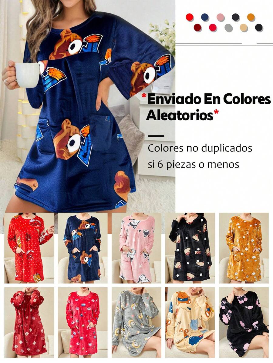 Women's Winter Nightgown, Plush Nightgown, Warm And Soft (Recommended For People Within 50 Kg, Not Limited To The Color Shown In The Picture) - 彩色 - 查看 1