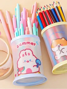 1 件可爱卡通圆形折叠笔筒桌面文具收纳盒，清新简约 Ins 风格办公用品收纳、桌面收纳盒、铅笔盒、笔筒、毛绒铅笔盒、可爱铅笔盒、办公桌收纳盒、材料、记号笔收纳盒 - 彩色 - 查看 1