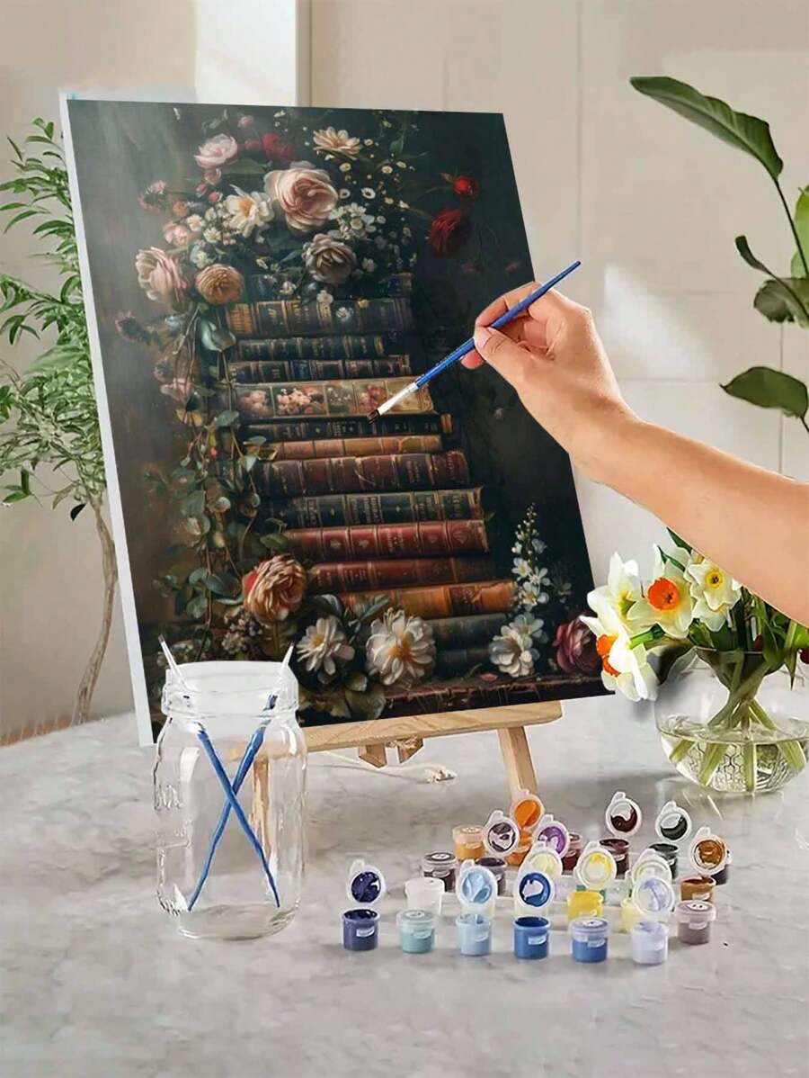 1 Set Floral & Book Themed DIY Digital Oil Painting Kit, 40*50CM Size - Carefully Crafted Oil Painting, Expressing Personalized With Color, Unleash Creativity Without Drawing Skills, Decorate Your Space, Relieve Stress, And Experience The Power Of Art - Black - View 1