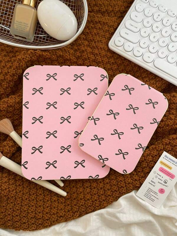 1pc Bow Rectangle Foldable PU Makeup Mirror, Portable Women's Handheld Vanity Mirror, Desktop Makeup Mirror For College Students And Office Commuters, Women's Makeup Mirror For Outdoor, Vacation Dating, Performance Party, Best Valentine's Day, Christmas, Mother's Day Gift For Her Home Decor Back To School Room Decor School Supplies