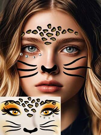 1 件豹纹临时纹身，闪光金色防水贴纸，金色豹纹化妆脸贴花，适用于派对、摄影万圣节