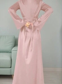 Women's Round Neck Flare Sleeve Tie Waist Elegant Arabian Style Dress,Modest - Pink - View 2