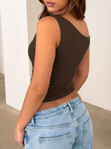 Women Simple Solid Color Oblique Shoulder Short Sleeve Top, Daily Wear - Chocolate Brown - View 4