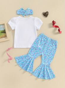 Conjunto de cumpleaños para niña, camiseta de manga corta con cuello redondo y letras de donut, pantalones acampanados y diadema, bonito conjunto de verano. - Azul - Ver 4