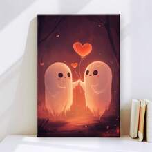 1pc Romantic Ghosts & HeartShaped Balloon Canvas Print  " Wooden Framed, Wrapped Wall Art | Whimsical Fort Scene With Sweet Characters | Ideal For Living Room, Bedroom, Kitchen Decor | Thoughtful Valentine's Gift, Bathroom Decoration|Playful Dign|Warm Color Palette, Boho Decor, 2D, Perfect For Room Decor