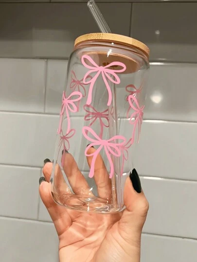 1 个粉色水瓶，带吸管盖，可重复使用，罐形玻璃杯，适用于冰咖啡、啤酒、果汁、牛奶，非常适合家庭、办公室和餐厅使用、家庭聚餐、生日派对、房间装饰、家居装饰、送给女性、母亲、祖母、家庭成员、情人节、生日、圣诞节、节日、感恩节、毕业典礼、伴娘和婚礼等的礼物