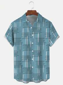 Vintage Geometric Line Print Button Pocket Short Sleeve Shirt For Men - Blue - View 2