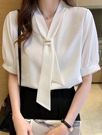 Women Solid Color Bow Tie Design Short Sleeve Casual Shirt