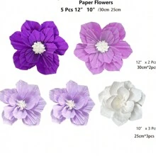 5pcs 12" & 10" Paper Flowers 3D Wall Decor For Weddings, Birthdays, Bridal Shower, Photo Booth, Wedding Arches - Purple+White - View 7