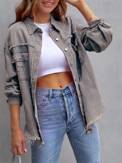 Women's Spring Autumn Denim Coat Lapel Long Sleeve Solid Color Button Up Ripped Jean Jacket