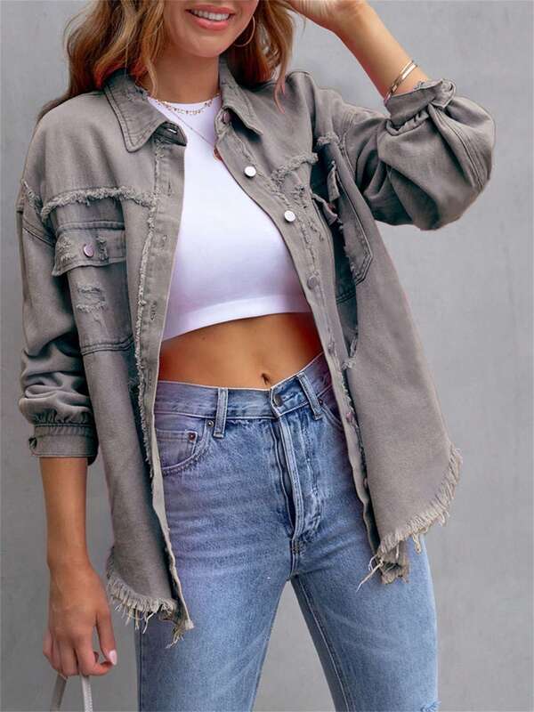 Women's Spring Autumn Denim Coat Lapel Long Sleeve Solid Color Button Up Ripped Jean Jacket