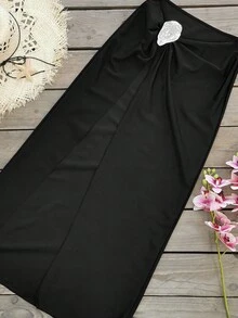 女士 3 件套抹胸比基尼套装，带花卉图案和配套沙滩裙