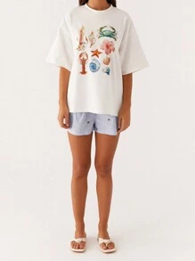 Women's Summer Casual Tops Short Sleeve Round Neck Seafood Print Loose Fit T-Shirt