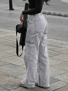 Women's Loose Straight Leg High Waist Jeans, Non-Stretch, Vintage Streetwear Style, Spring/Summer 2026, New Year & Valentine's Day Collection - Light Grey - View 4