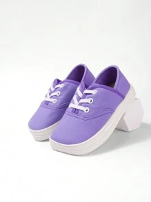 1 paar meisjes paarse canvas veterschoenen platte eenvoudige comfortabele ademende casual vierkante neus sportschoenen, geschikt voor dagelijks gebruik, alle seizoenen