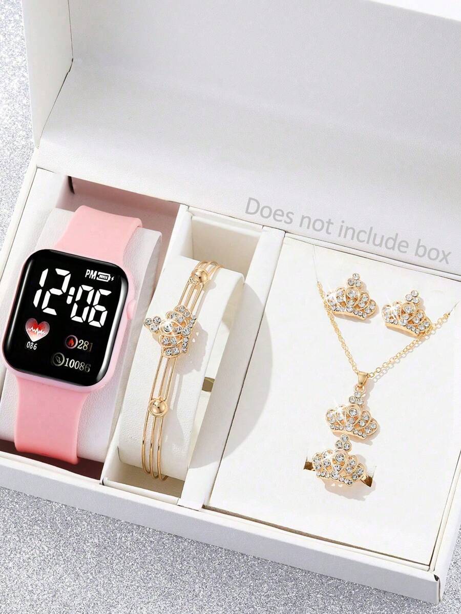 6 件套心形数字显示电子手表，适合女孩的可爱手表，皇冠和水钻首饰，学生礼物