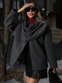 女士围巾领针织开衫优雅长袖侧开叉休闲夹克外套女式时尚大衣 - 灰色 - 查看 2