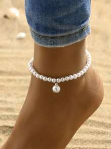 1 Pc Personalized Novel Girls Pearl Beaded Elastic Anklet Simple And Elegant Pearl Anklet Daily Wear
