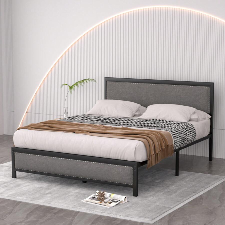 VECELO Metal Platform Bed Frame With Upholstered Headboard, Metal Slat Support, No Box Spring Needed, Easy To Assembly