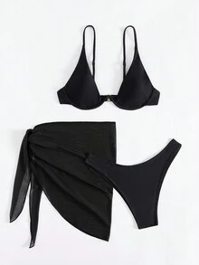 Women's Solid Color Sexy Bikini + Cover Up + Skirt 3pcs Set, Vacation Swimwear