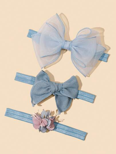 3pcs/Set Baby Girl Soft Blue Bow & Floral Headbands, Perfect Gift For Girls
