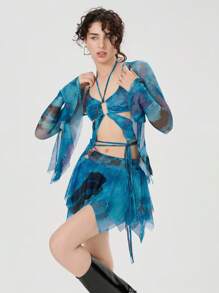 Women Y2k Butterfly Outfit 3 Piece Backless Long Sleeve Crop Top Mini Skirt Sets Rave Festival Fairy Streetwear Fairycore Beach Club - 藍色 - 查看 4