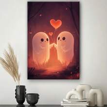 1pc Romantic Ghosts & HeartShaped Balloon Canvas Print  " Wooden Framed, Wrapped Wall Art | Whimsical Fort Scene With Sweet Characters | Ideal For Living Room, Bedroom, Kitchen Decor | Thoughtful Valentine's Gift, Bathroom Decoration|Playful Dign|Warm Color Palette, Boho Decor, 2D, Perfect For Room Decor