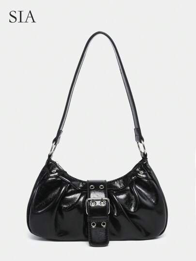 1 pièce Sac de moto vintage doux et usé pour femme avec rivets, fermeture à pression, détail de nuage plissé, convient pour le travail, les déplacements, les rendez-vous, les fêtes