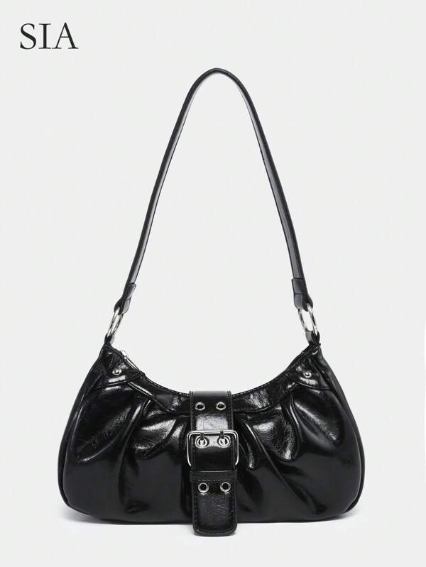 1pc Women's Vintage Soft Distressed Leather Biker Bag With Rivet, Snap Closure, Pleated Cloud Detail, Suitable For Work, Commute, Date, Party, Street & Japanese Bag For Women