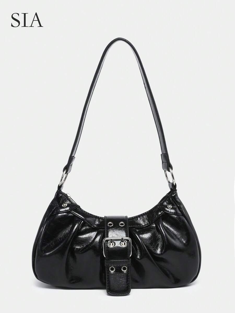 1pc Women's Vintage Soft Distressed Leather Biker Bag With Rivet, Snap Closure, Pleated Cloud Detail, Suitable For Work, Commute, Date, Party, Street & Japanese Bag For Women