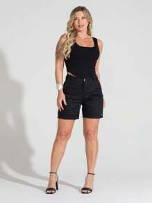 Women's Shorts Twill Tailored Social High Standard Knife Pocket High Waist Fresh Breathable Summer Collection - màu đen - Xem 9