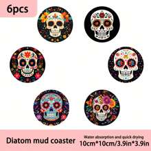 Set de 1/4/6 piezas de posavasos de barro de diatomeas con diseño de calavera y flores - Posavasos para tazas con aislamiento térmico, manteles lavables, antideslizantes y resistentes al calor, ideales para uso doméstico, cafe, oficina, cocina, hora del té, decoración de fiestas temáticas, regalos exquisitos