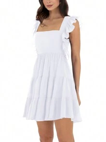 Square Neck Pleated Ruffles Mini Dress Women Summer Cute Frill Sleeveless Sexy Backless Lace Up Dresses - White - View 3