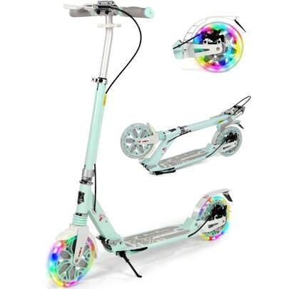 Scooter With 2 Light-Up Wheels, 200mm Big Wheels Adult Scooters With Disc Brakes, Foldable Teenager Kick Scooter With Carry Strap And Double Shock Absorption