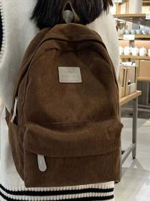 shinaier 纯色字母印花大容量灯芯绒条纹背包，学生包，适合青少年的艺术风格书包，适合女性或学生的书包，非常适合书籍、购物、返校等，适合女性、女孩和学生的学校必备物品 - 棕色 - 查看 2